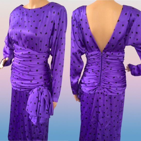 Vintage Dresses & Skirts - 80s Purple Polka Dot Dress I Magnin Vintage Bow S